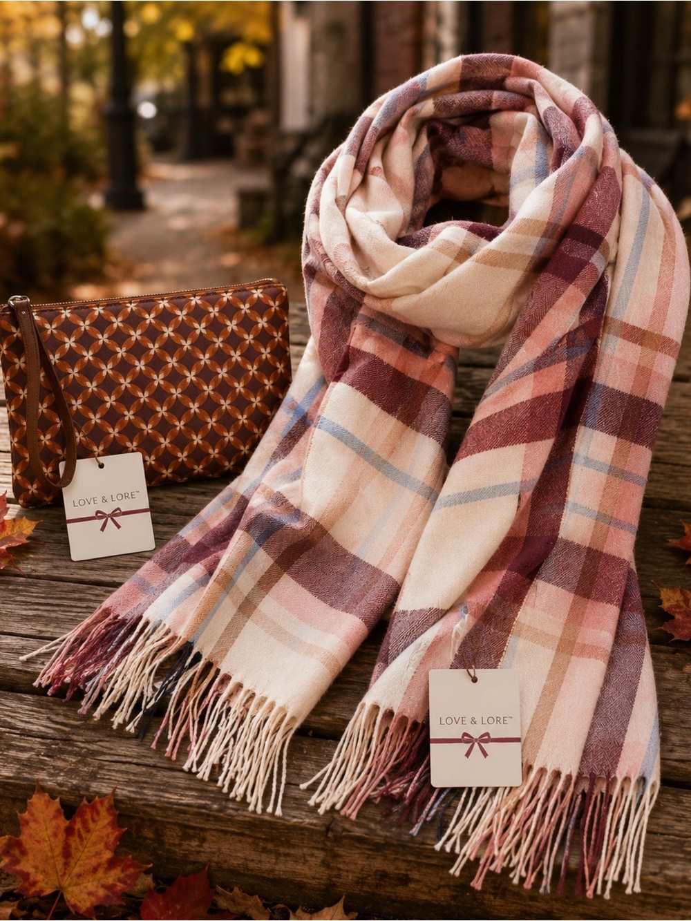 Love & Lore NWT Plaid Blanket Scarf Shawl + Zipper Cosmetic Pouch Fall Gift Set